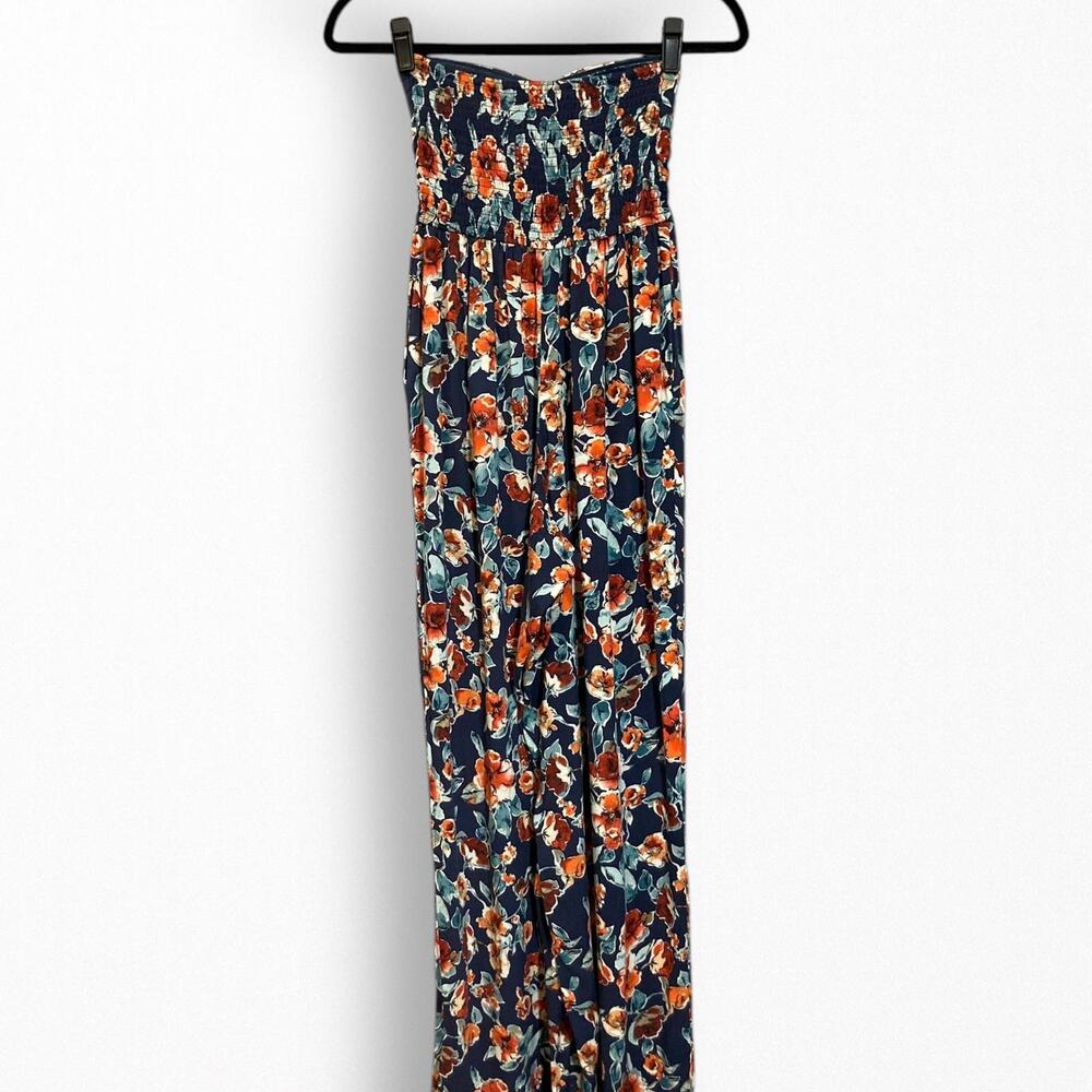 Strapless Floral Jumpsuit with Smocked Bodice & Pockets